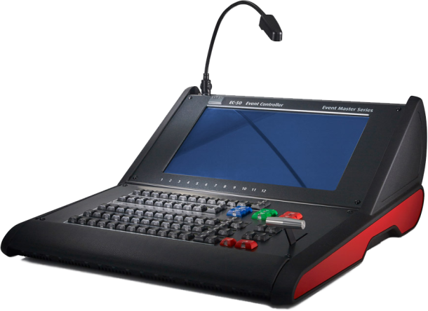 A black and red computer with a keyboard.