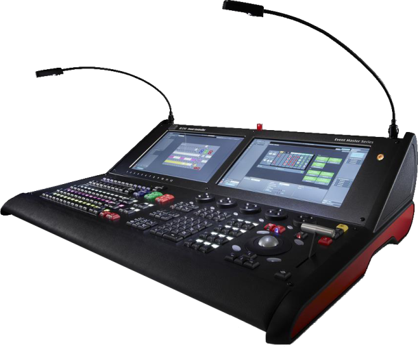 A digital mixing console with two monitors and two microphones.