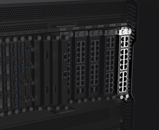 A close up of a black server rack.