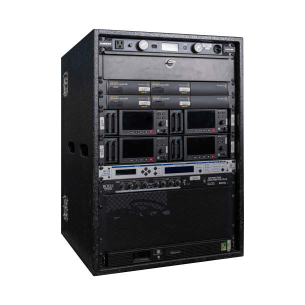 A black rack with a lot of equipment in it.