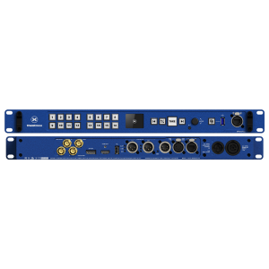 A blue video switcher with two inputs and two outputs.