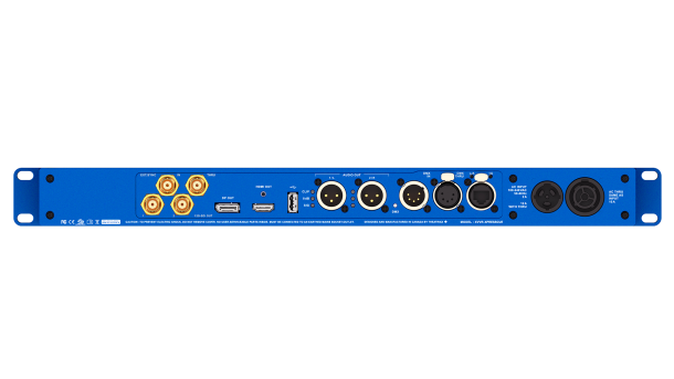 The front panel of a blue audio interface.