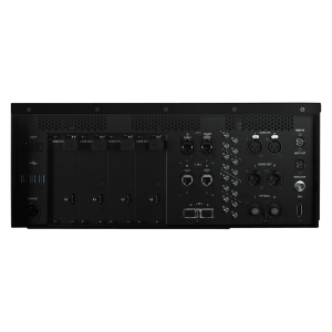 The front panel of a black dj mixer.
