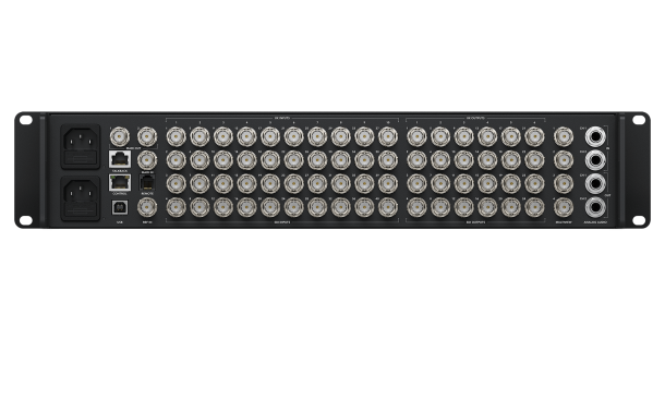 A black video switcher with a large number of inputs.