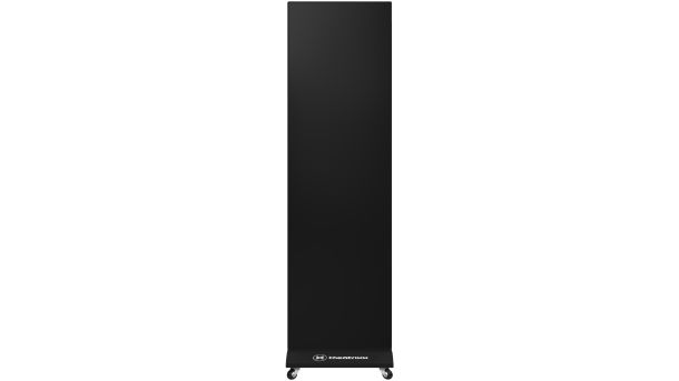 A black speaker standing on top of a white background.