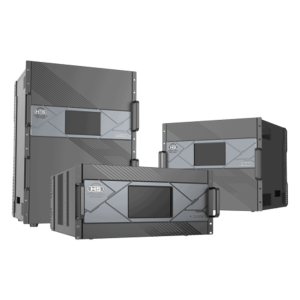 A series of black and gray storage units.