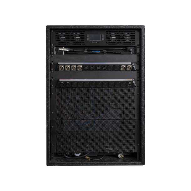 A black cabinet with a large number of wires in it.