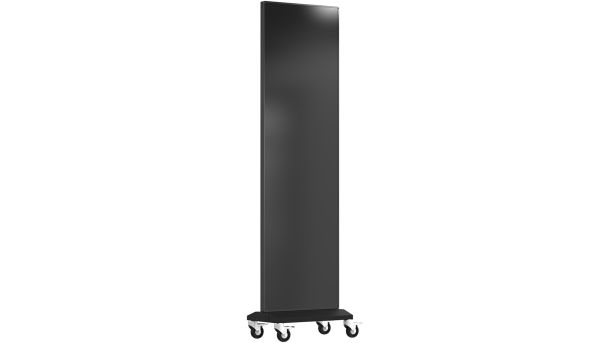 A black stand with wheels on a white background.
