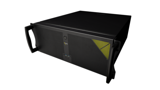 A black server with a yellow door.
