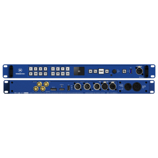 A blue video switcher with two inputs and two outputs.