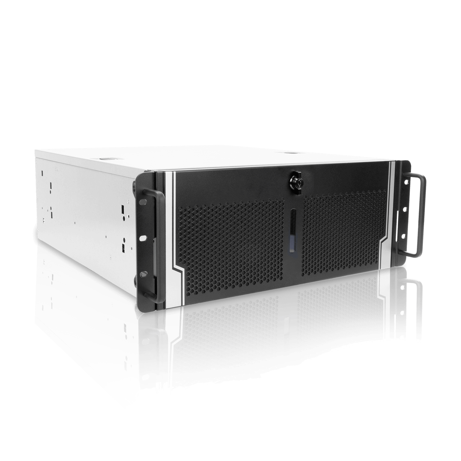 A white and black server on a black background.