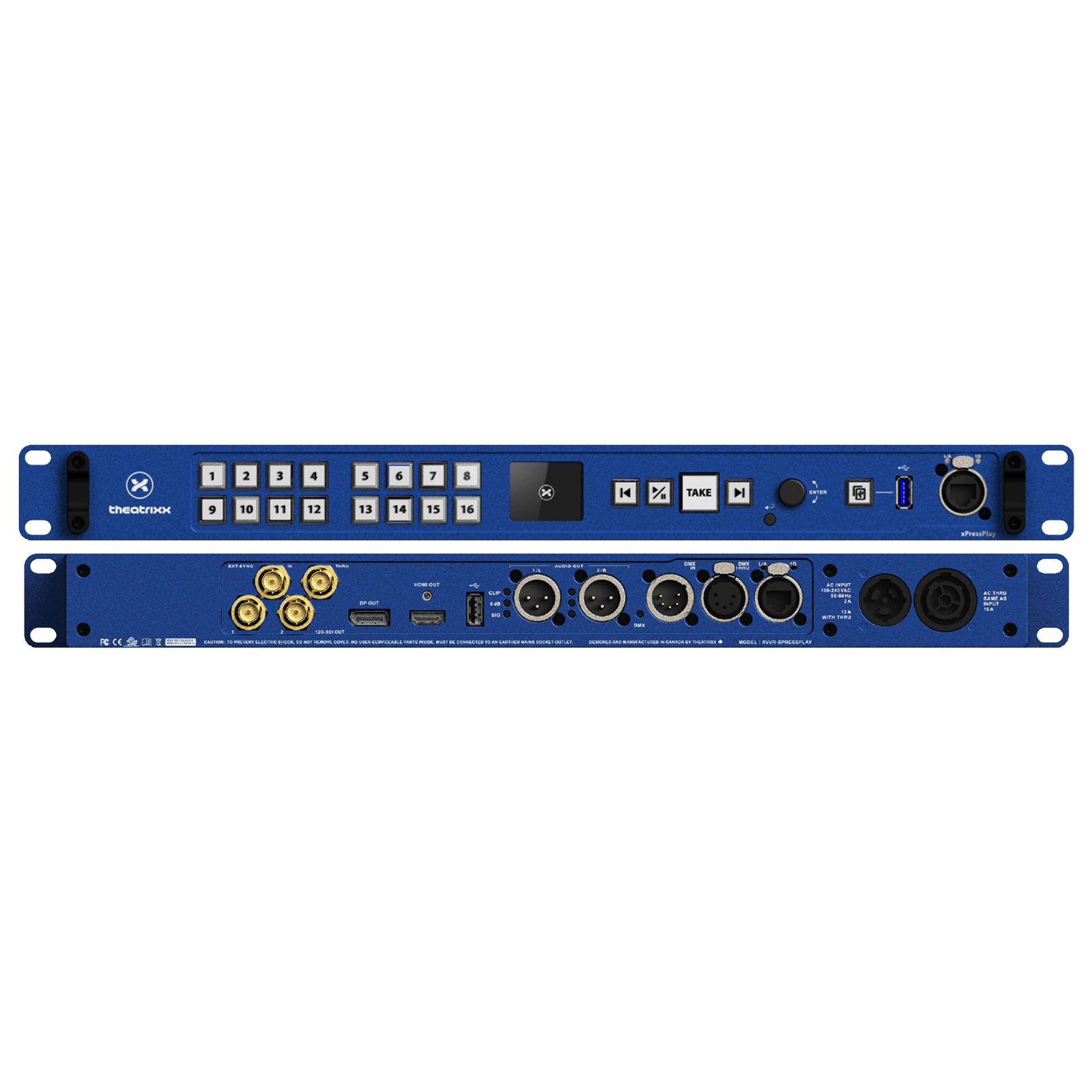 A blue video switcher with two inputs and two outputs.