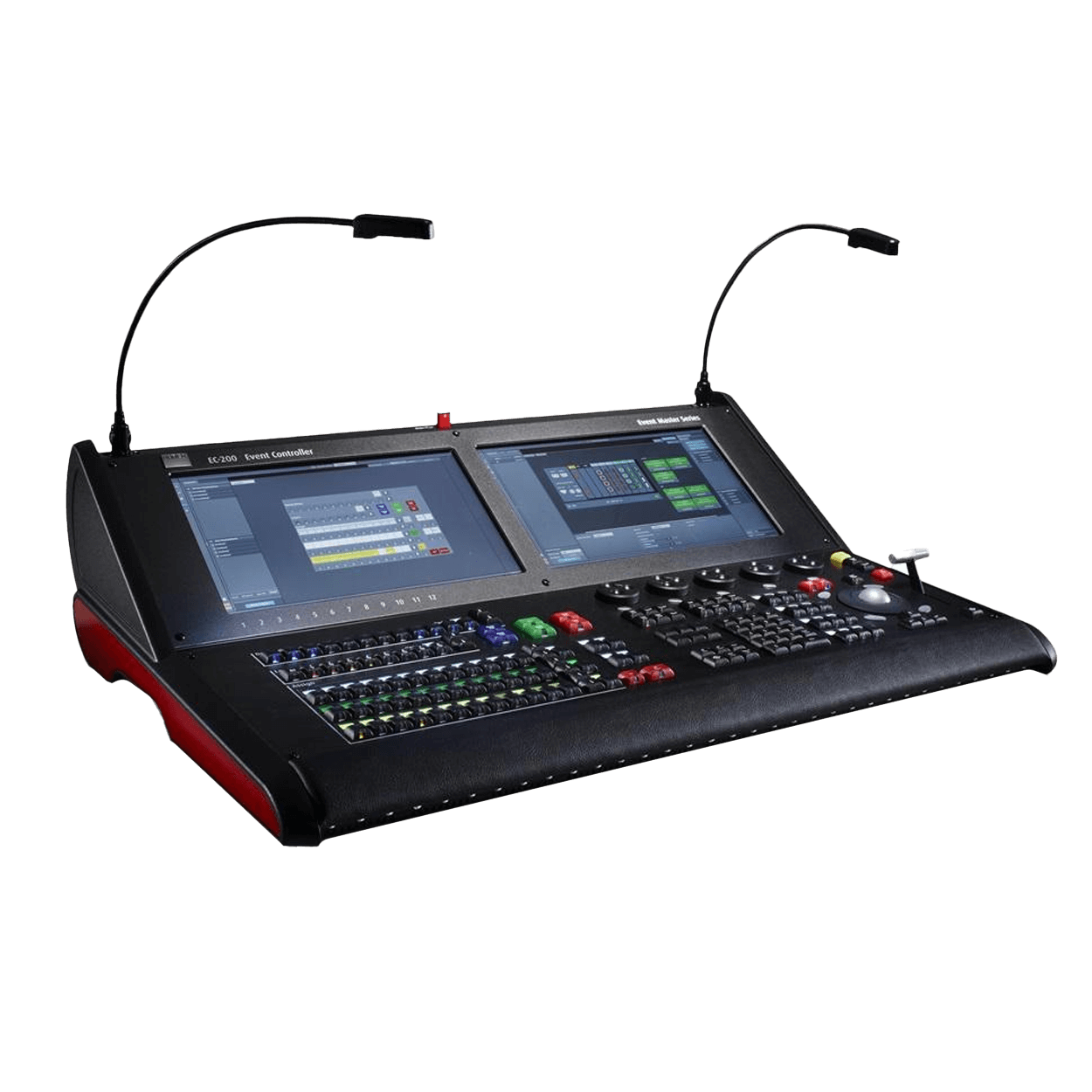 A black and red console with two monitors on it.