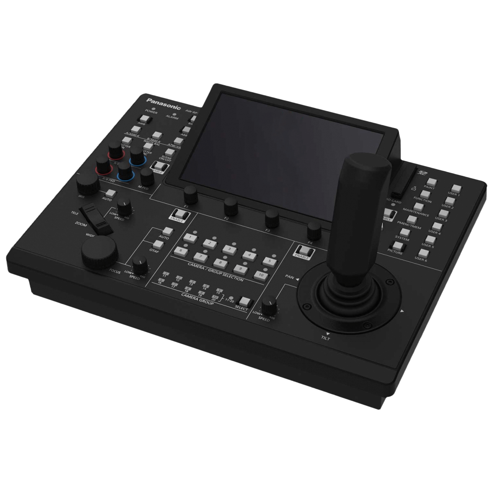 A black gaming controller on a black background.