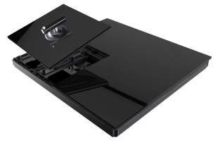 A black laptop with a black cover on top.