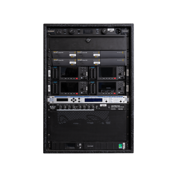 A black cabinet with a large number of electronic devices.