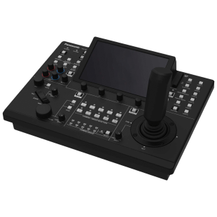 A black gaming controller on a black background.