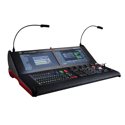 A black and red console with two monitors on it.