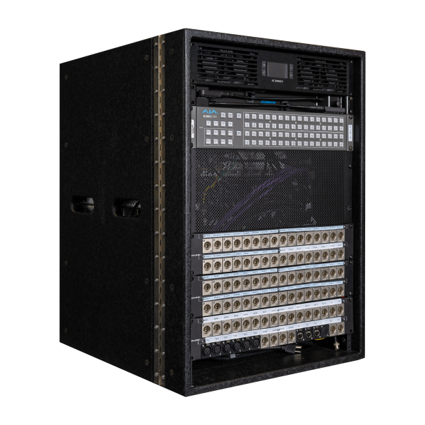 A black rack with a lot of wires in it.