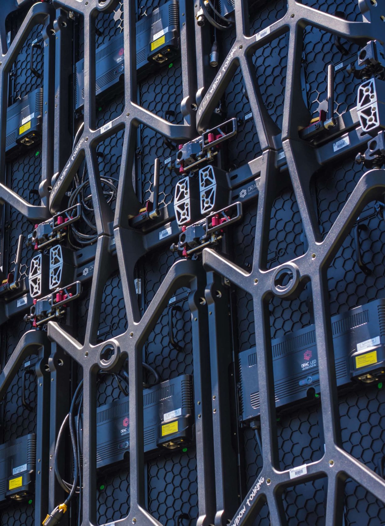 A close up of a row of metal racks.