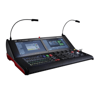 A black and red console with two monitors on it.